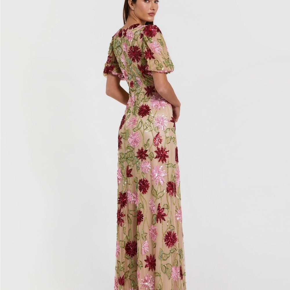 Mac Duggal Tan and Red Puff Sleeve Maxi Dress - Picture 3 of 8